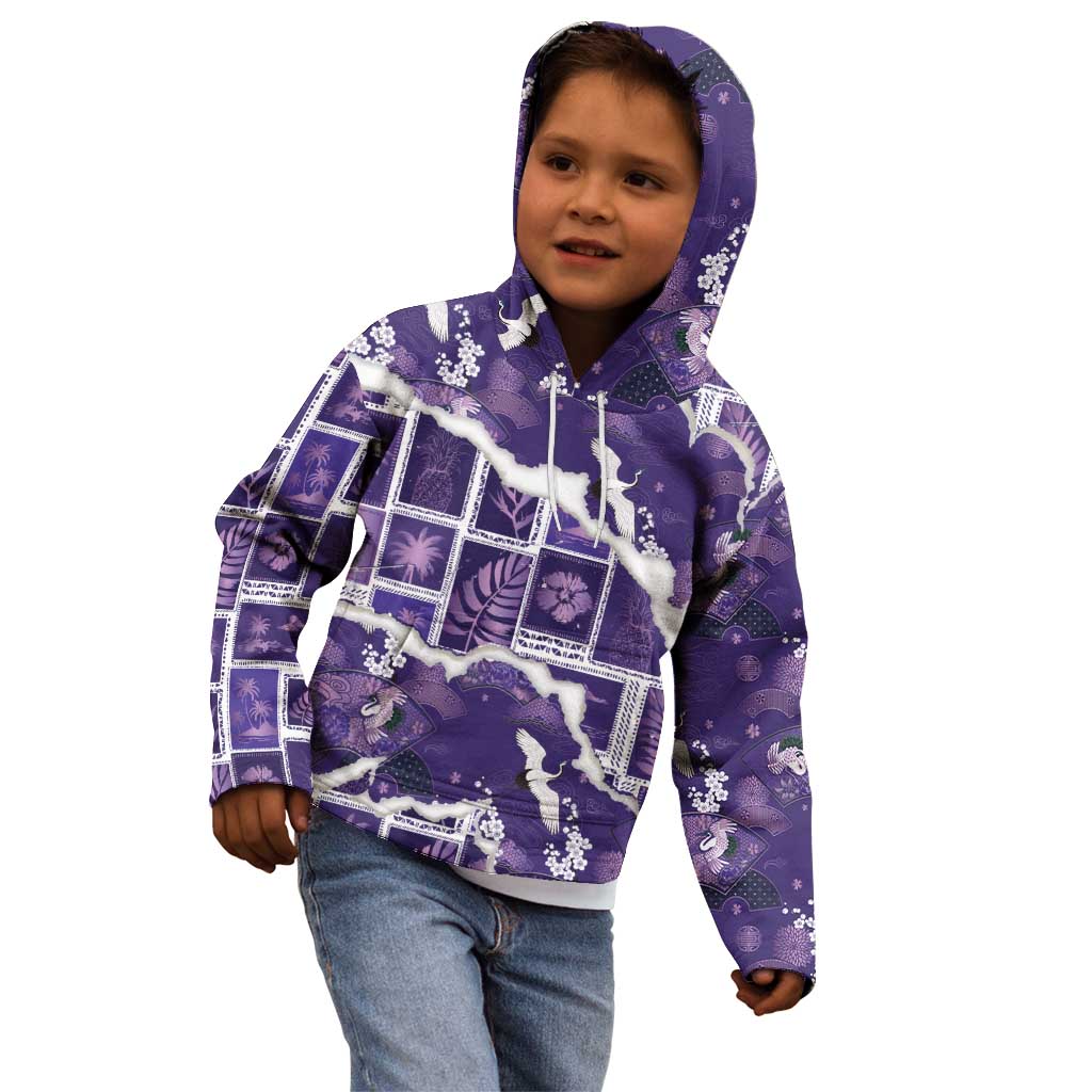 Hawaii Japanese Culture Purple Kid Hoodie Spring Cranes Aloha Pattern