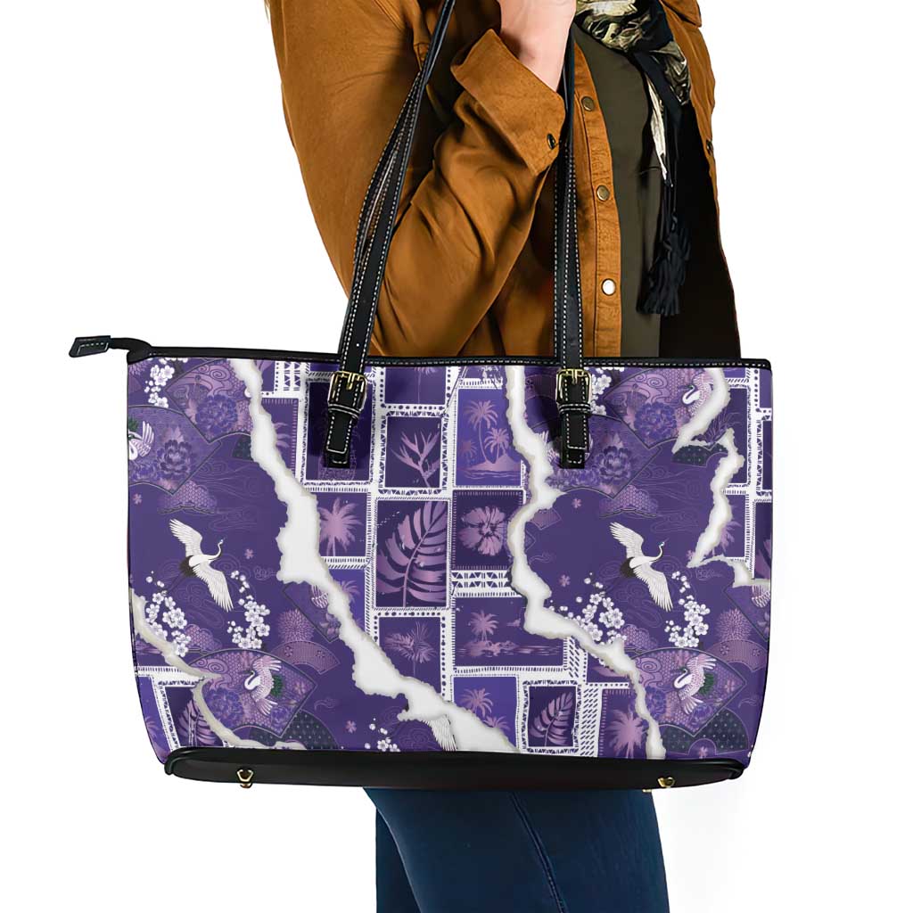 Hawaii Japanese Culture Purple Leather Tote Bag Spring Cranes Aloha Pattern