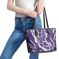 Hawaii Japanese Culture Purple Leather Tote Bag Spring Cranes Aloha Pattern