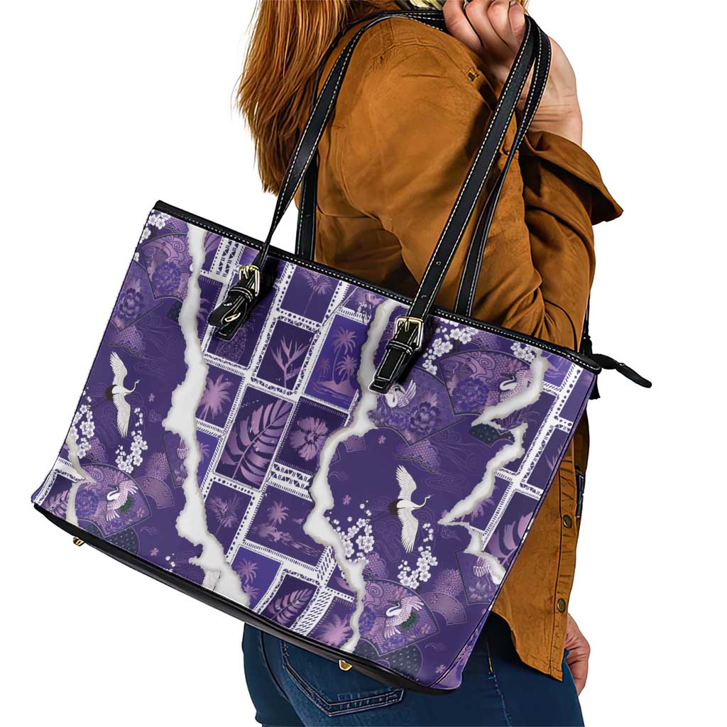 Hawaii Japanese Culture Purple Leather Tote Bag Spring Cranes Aloha Pattern