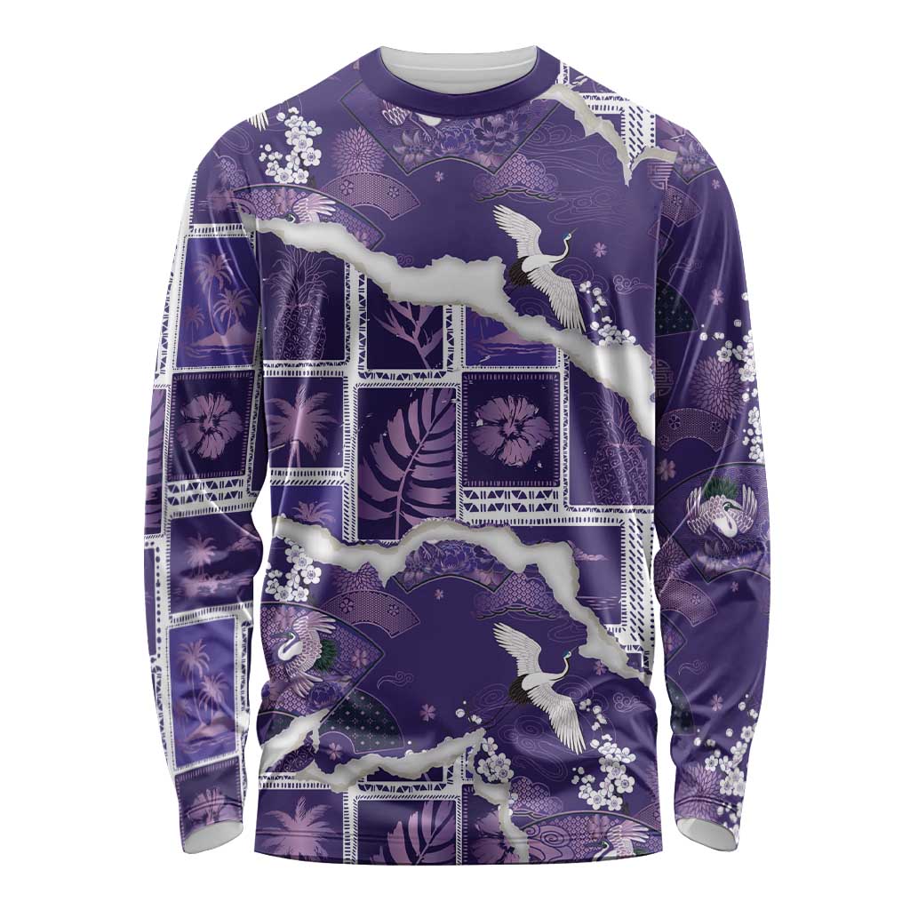 Hawaii Japanese Culture Purple Long Sleeve Shirt Spring Cranes Aloha Pattern