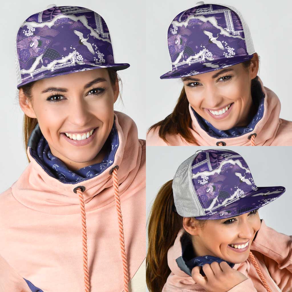 Hawaii Japanese Culture Purple Mesh Trucker Cap Spring Cranes Aloha Pattern