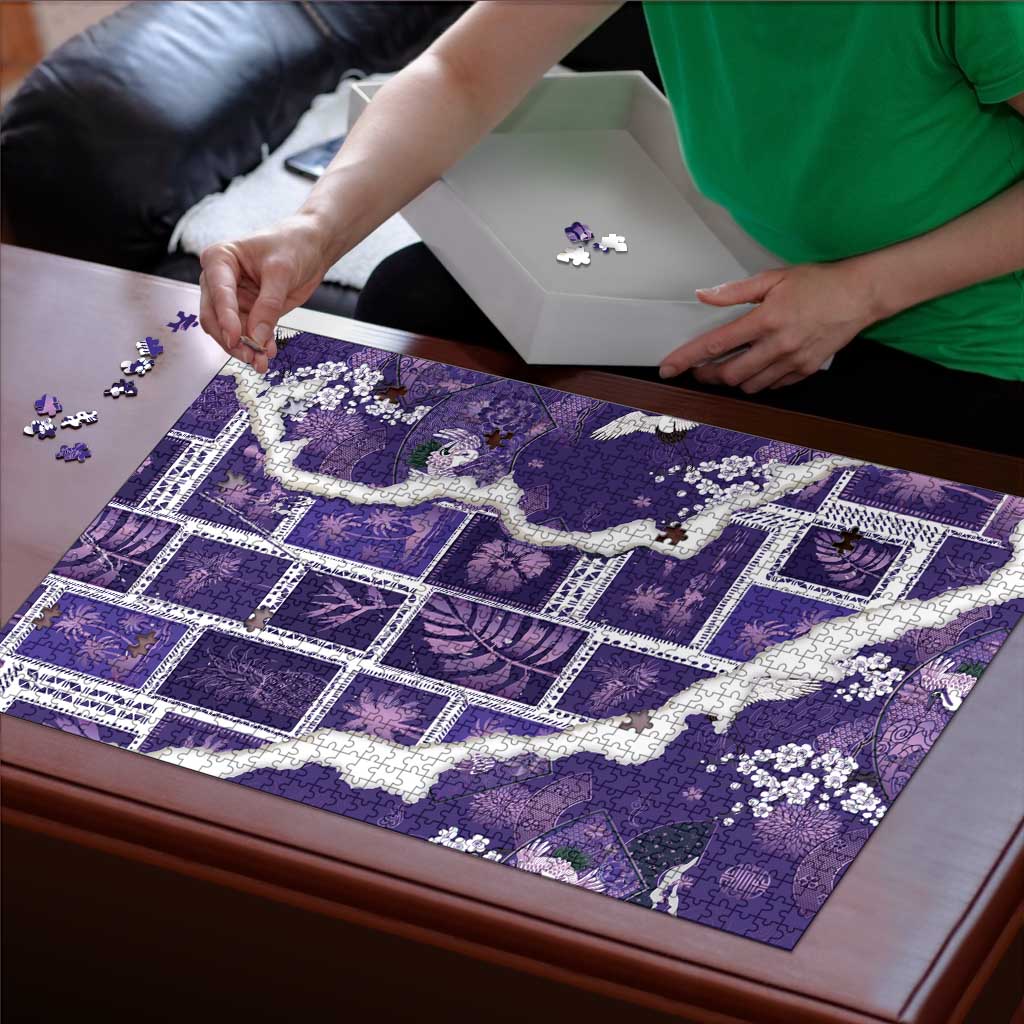 Hawaii Japanese Culture Purple Puzzle Spring Cranes Aloha Pattern