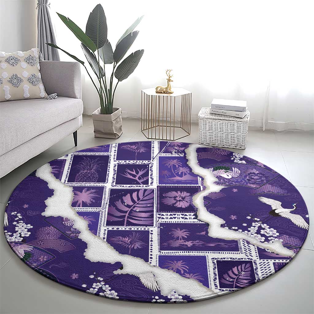 Hawaii Japanese Culture Purple Round Carpet Spring Cranes Aloha Pattern