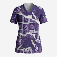 Hawaii Japanese Culture Purple Scrub Top Spring Cranes Aloha Pattern