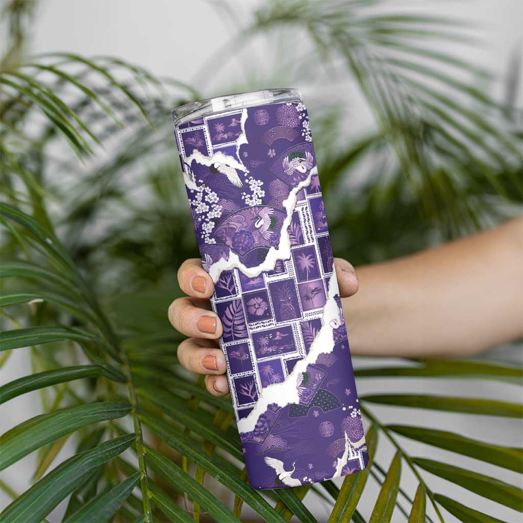 Hawaii Japanese Culture Purple Skinny Tumbler Spring Cranes Aloha Pattern
