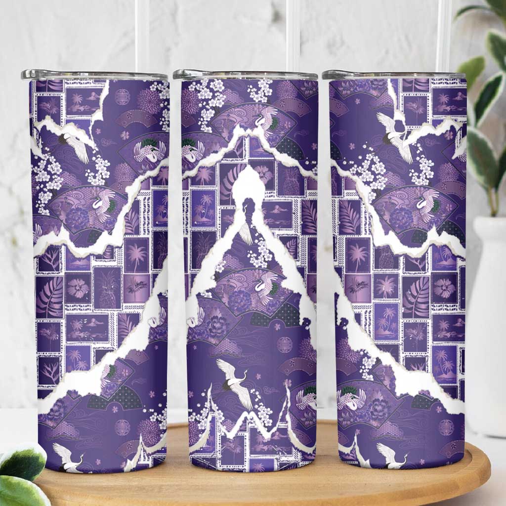 Hawaii Japanese Culture Purple Skinny Tumbler Spring Cranes Aloha Pattern