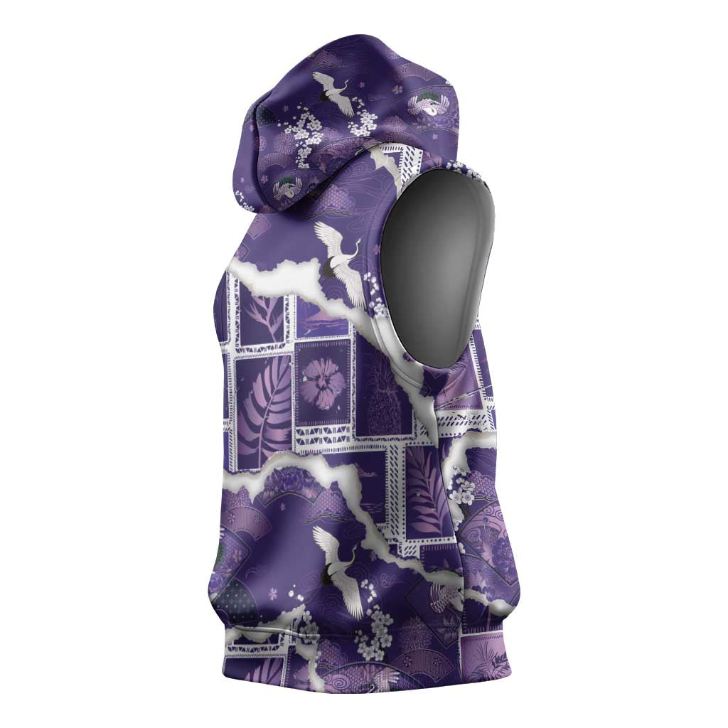 Hawaii Japanese Culture Purple Sleeveless Hoodie Spring Cranes Aloha Pattern