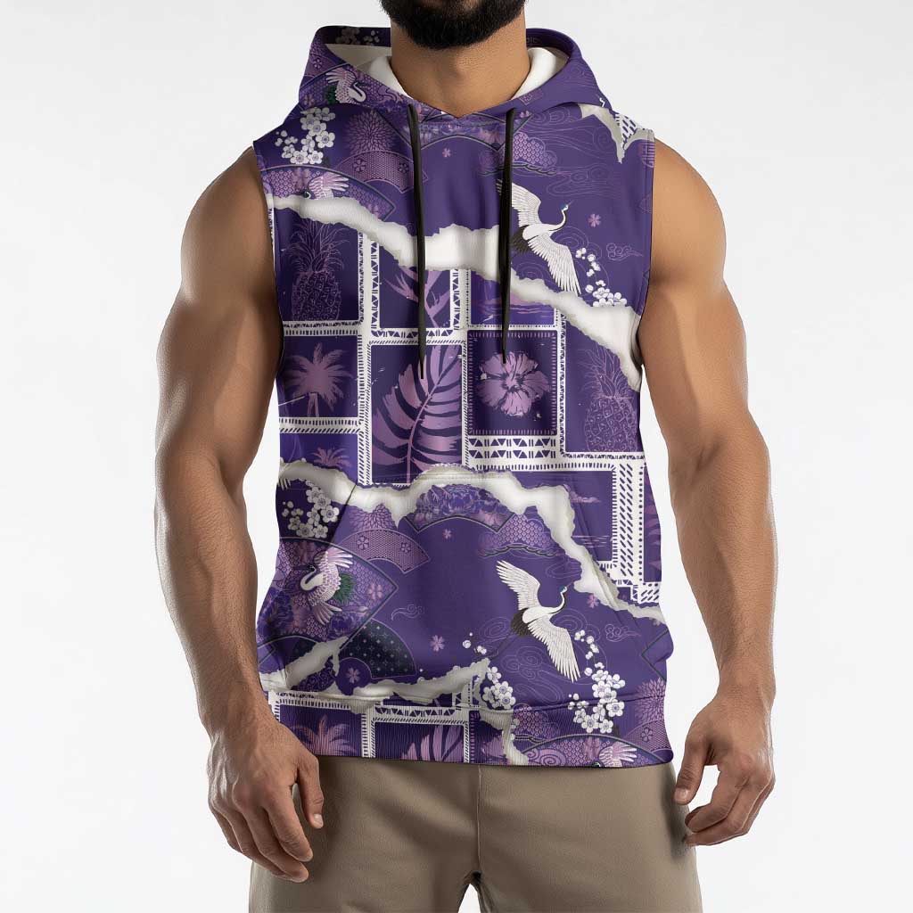 Hawaii Japanese Culture Purple Sleeveless Hoodie Spring Cranes Aloha Pattern