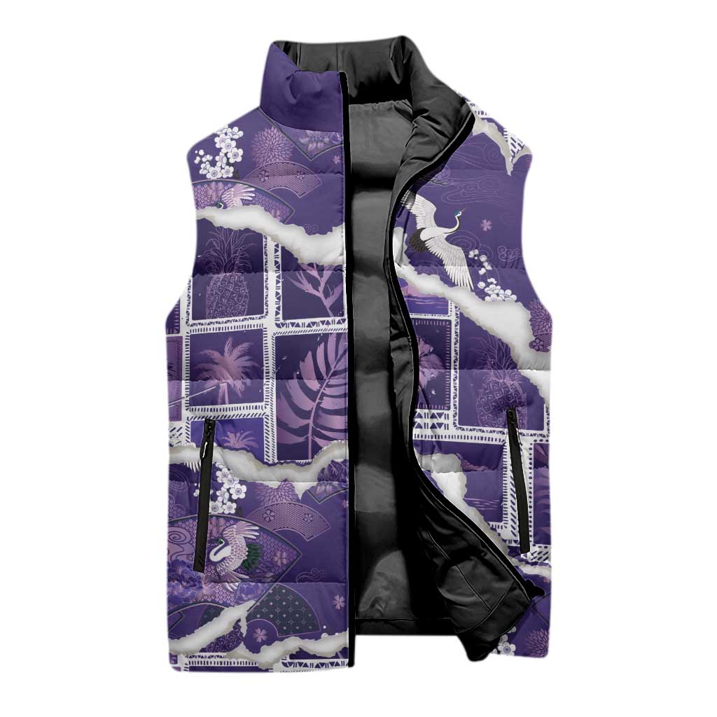 Hawaii Japanese Culture Purple Sleeveless Puffer Jacket Spring Cranes Aloha Pattern