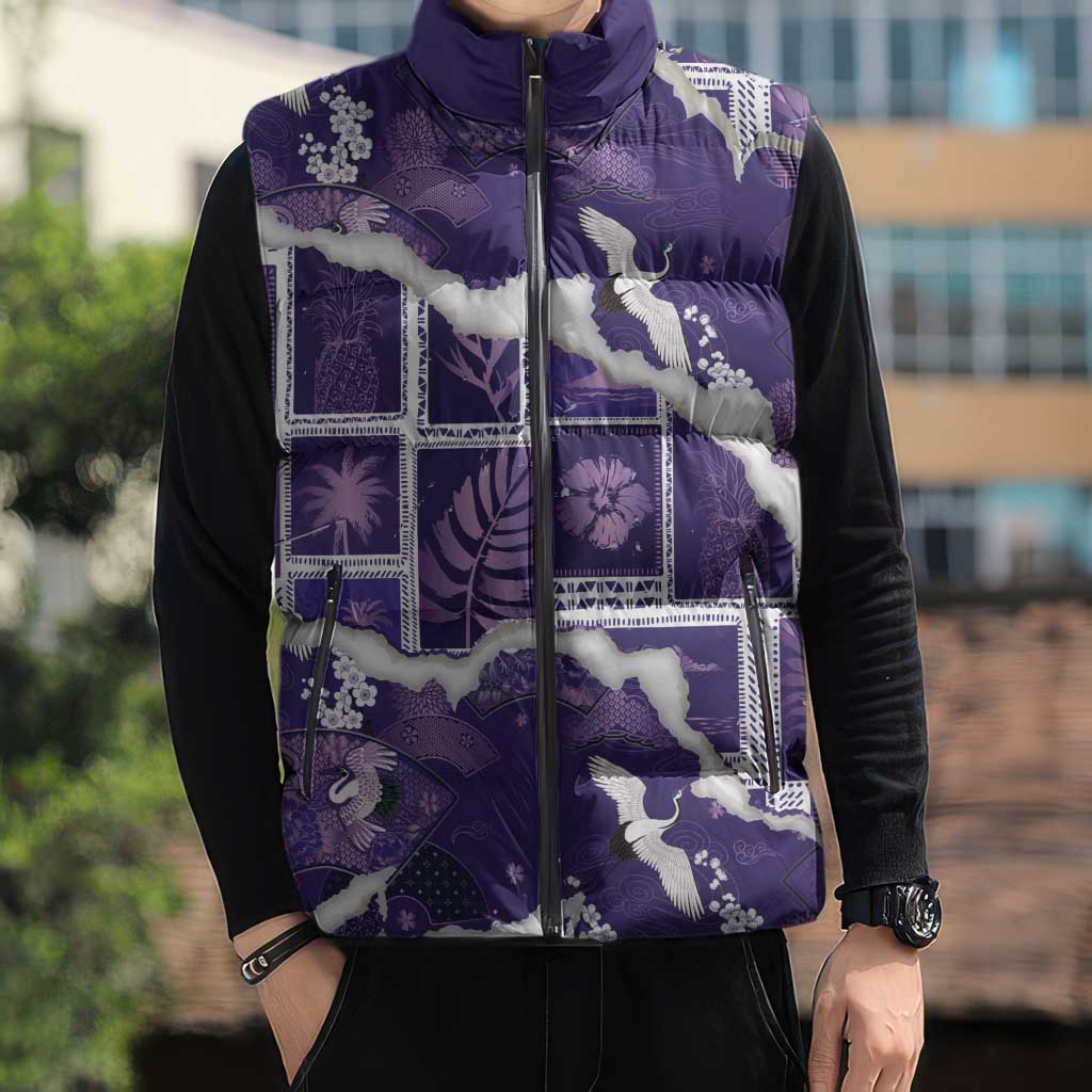 Hawaii Japanese Culture Purple Sleeveless Puffer Jacket Spring Cranes Aloha Pattern