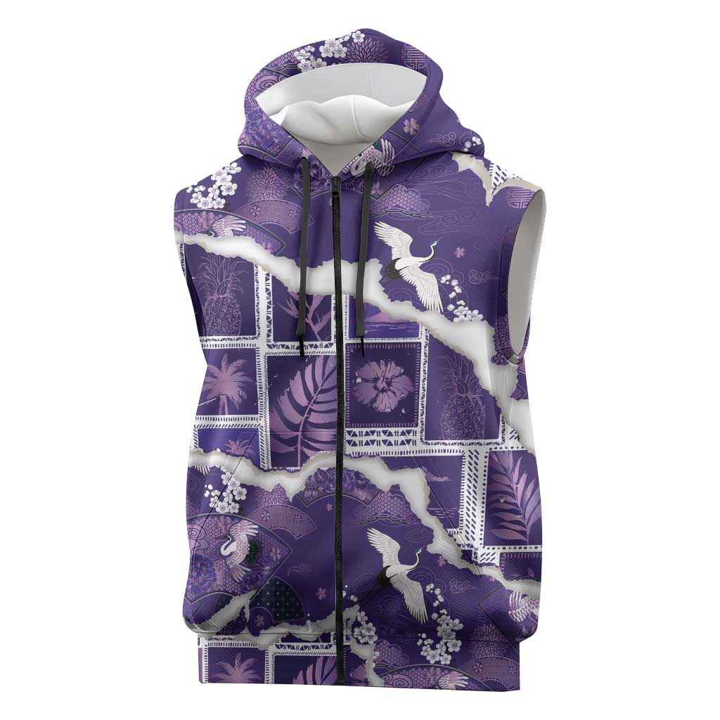 Hawaii Japanese Culture Purple Sleeveless Zip Hoodie Spring Cranes Aloha Pattern