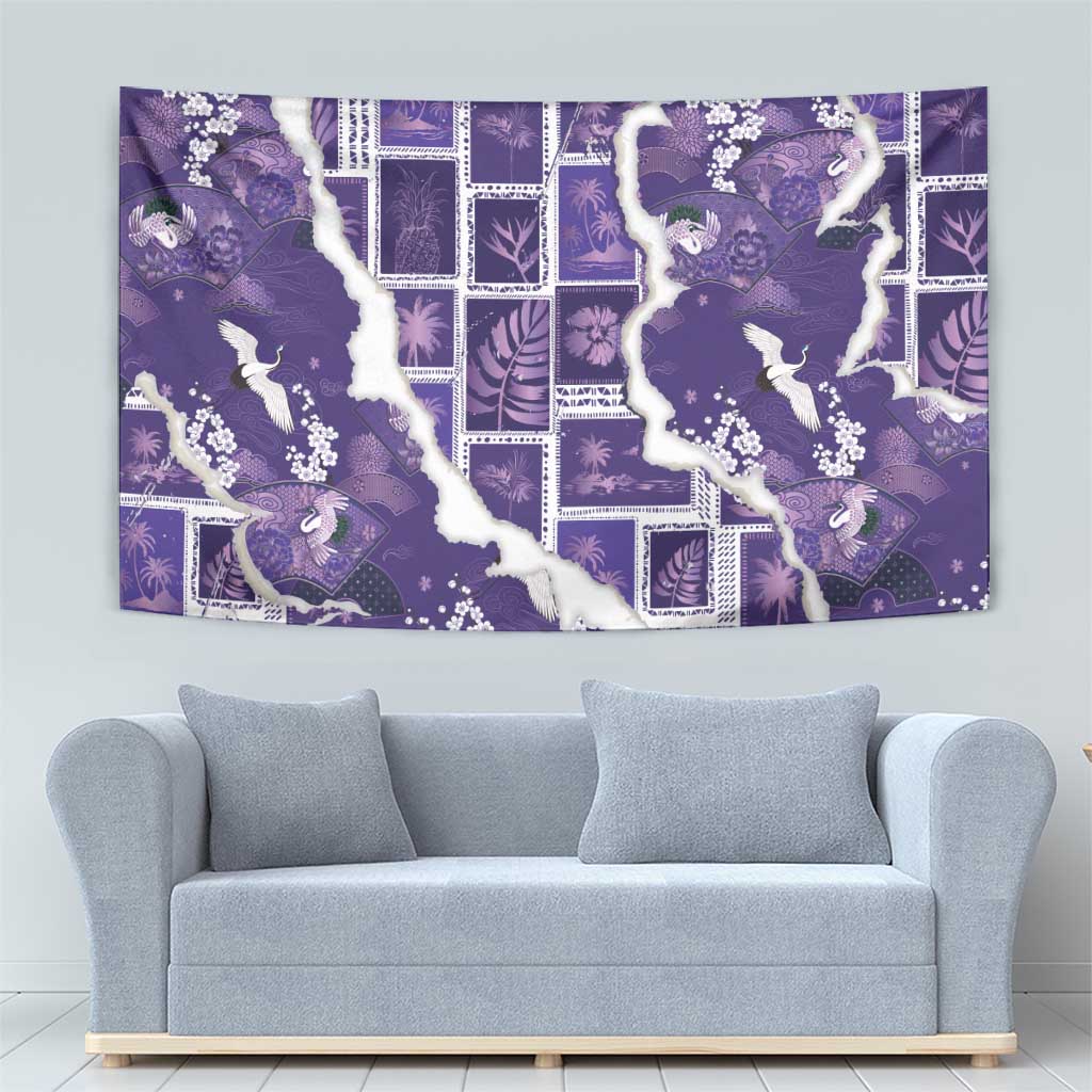 Hawaii Japanese Culture Purple Tapestry Spring Cranes Aloha Pattern