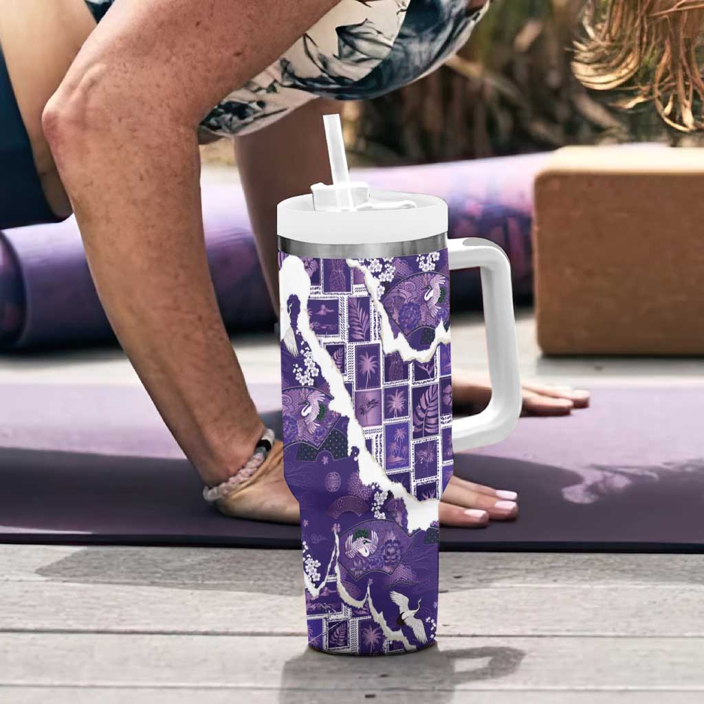 Hawaii Japanese Culture Purple Tumbler With Handle Spring Cranes Aloha Pattern