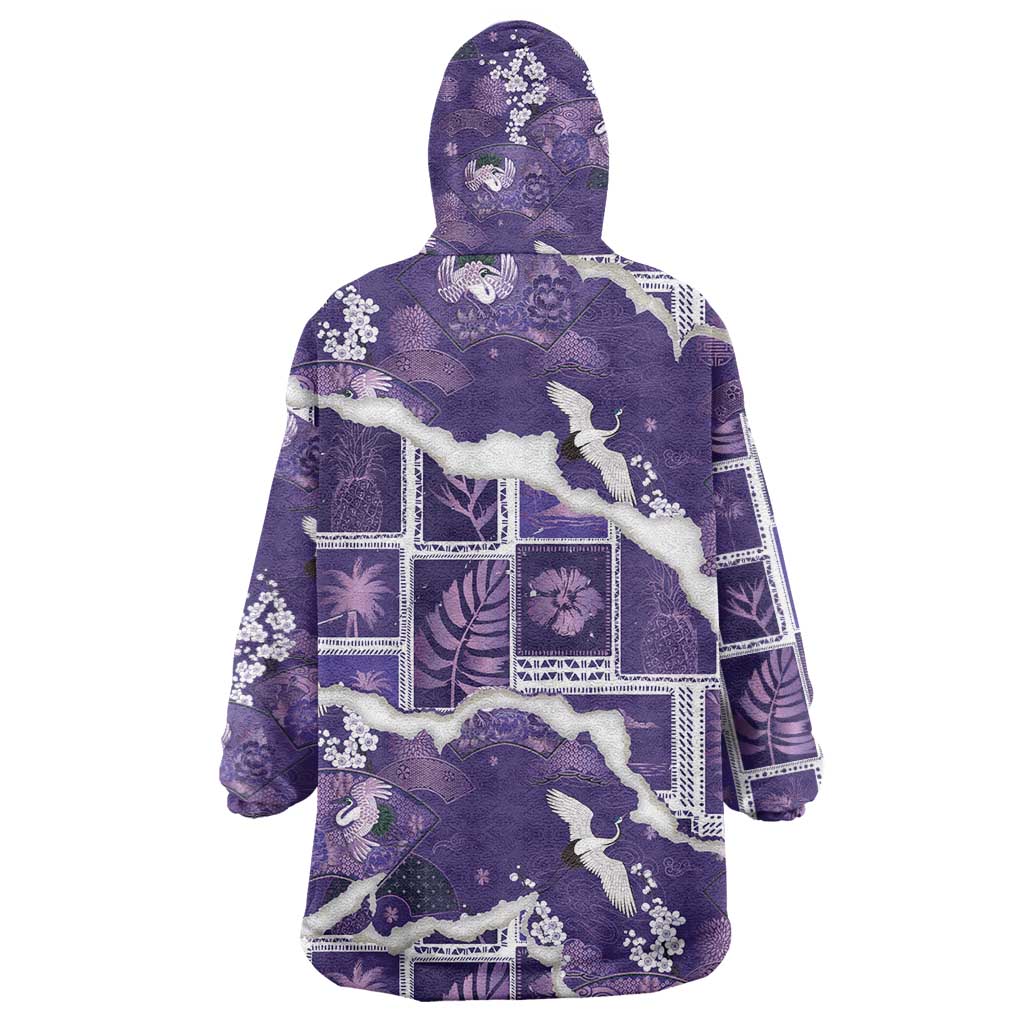 Hawaii Japanese Culture Purple Wearable Blanket Hoodie Spring Cranes Aloha Pattern