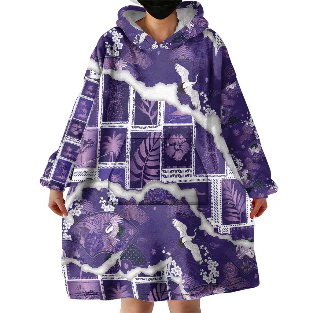 Hawaii Japanese Culture Purple Wearable Blanket Hoodie Spring Cranes Aloha Pattern