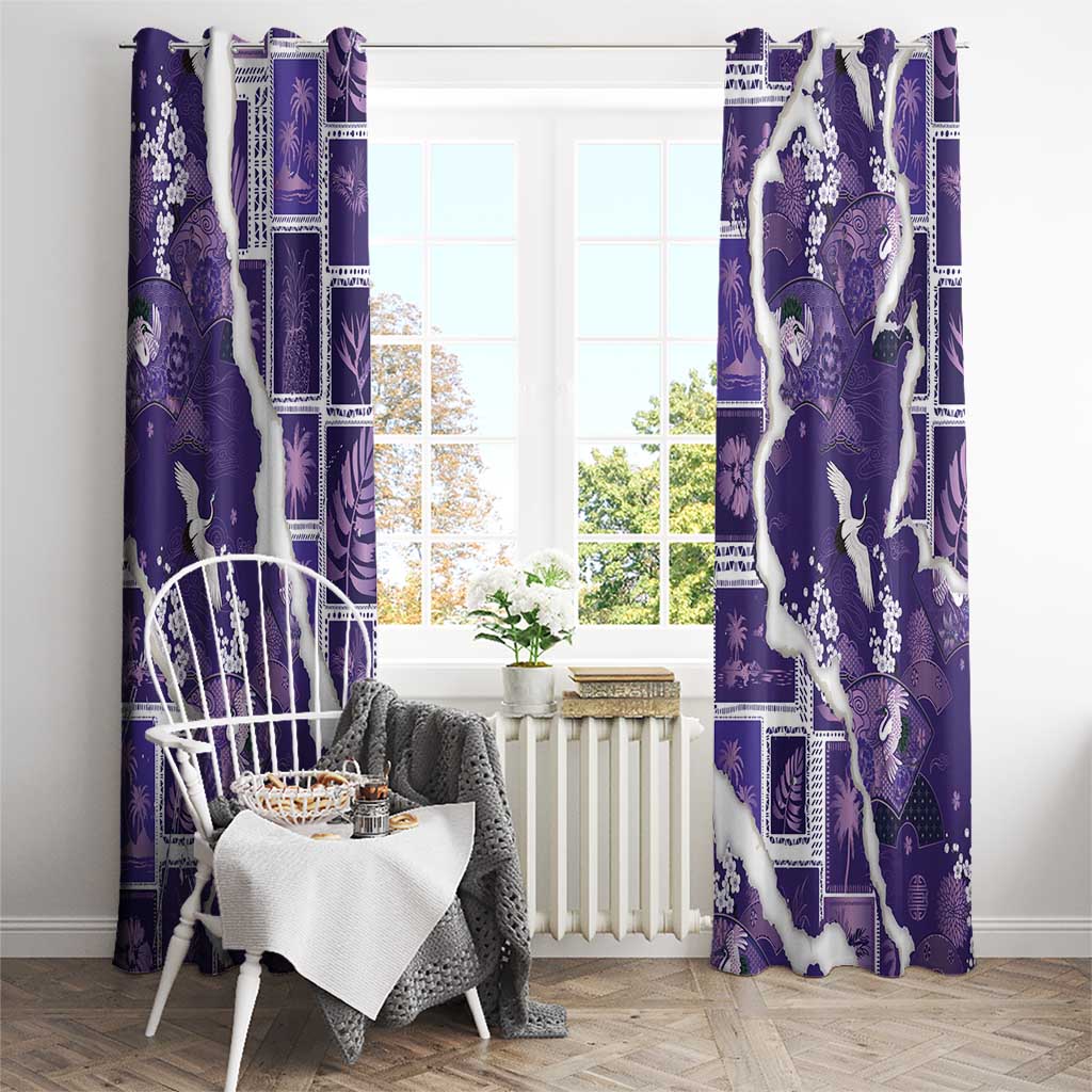 Hawaii Japanese Culture Purple Window Curtain Spring Cranes Aloha Pattern