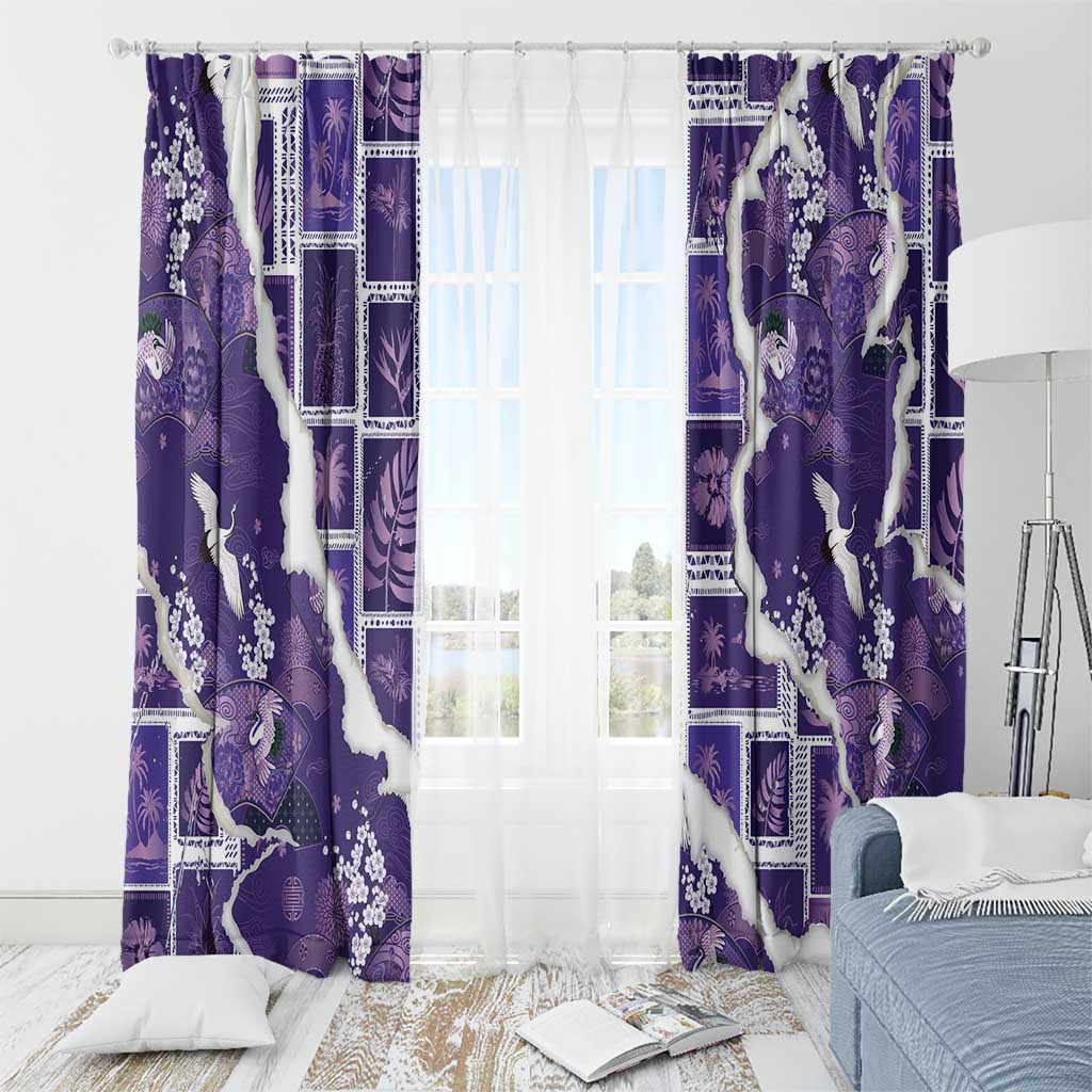 Hawaii Japanese Culture Purple Window Curtain Spring Cranes Aloha Pattern