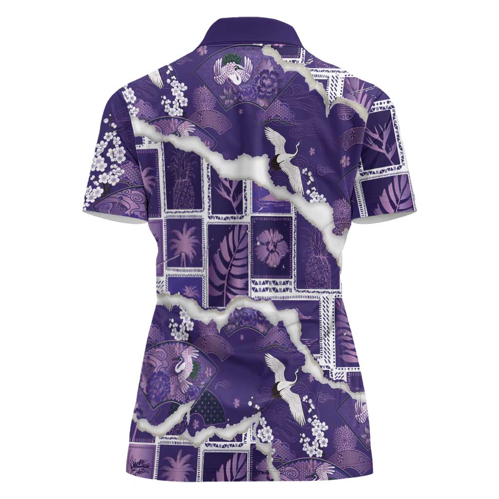 Hawaii Japanese Culture Purple Women Polo Shirt Spring Cranes Aloha Pattern
