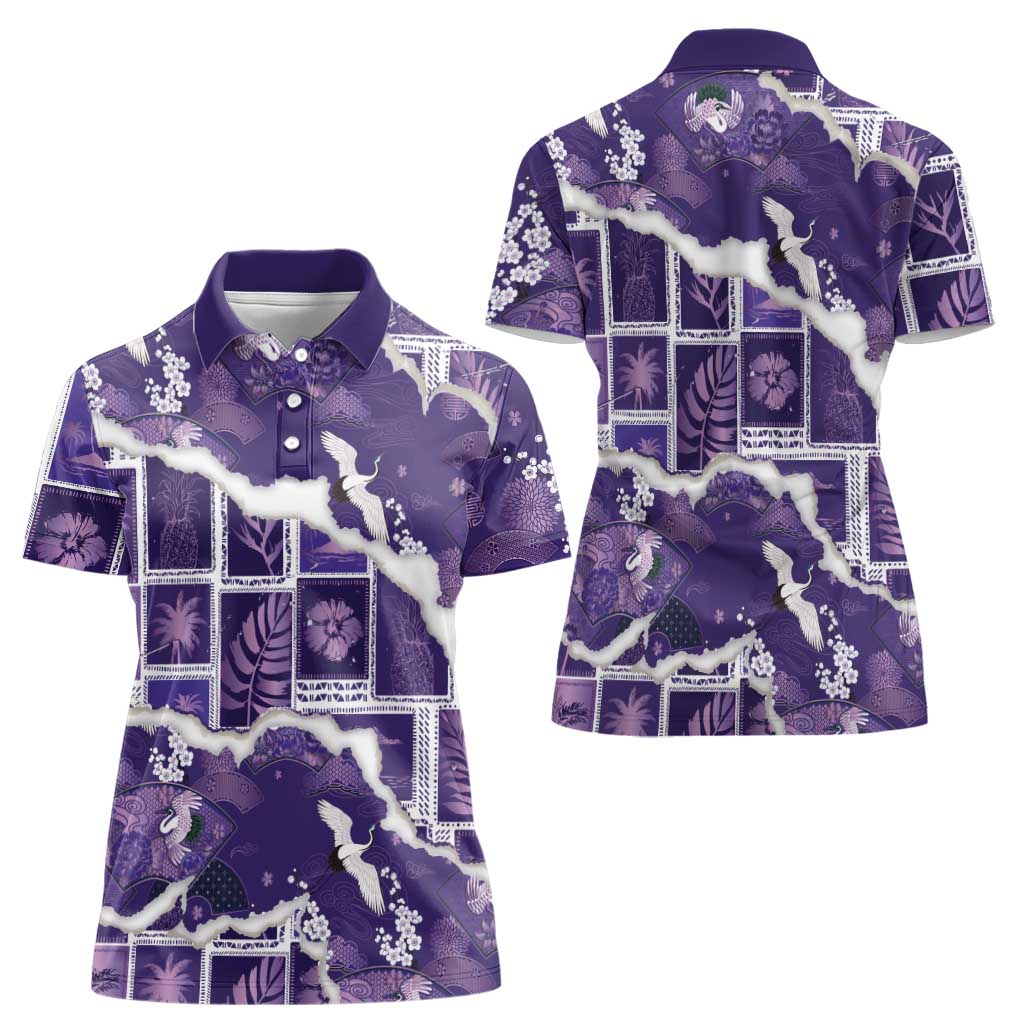 Hawaii Japanese Culture Purple Women Polo Shirt Spring Cranes Aloha Pattern