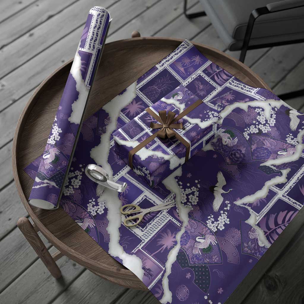 Hawaii Japanese Culture Purple Wrapping Paper Spring Cranes Aloha Pattern