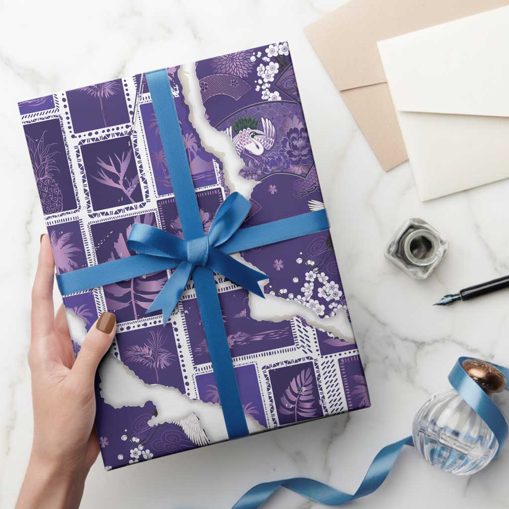 Hawaii Japanese Culture Purple Wrapping Paper Spring Cranes Aloha Pattern
