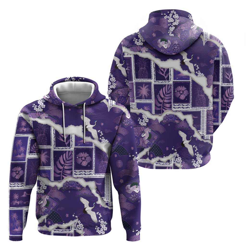 Hawaii Japanese Culture Purple Zip Hoodie Spring Cranes Aloha Pattern