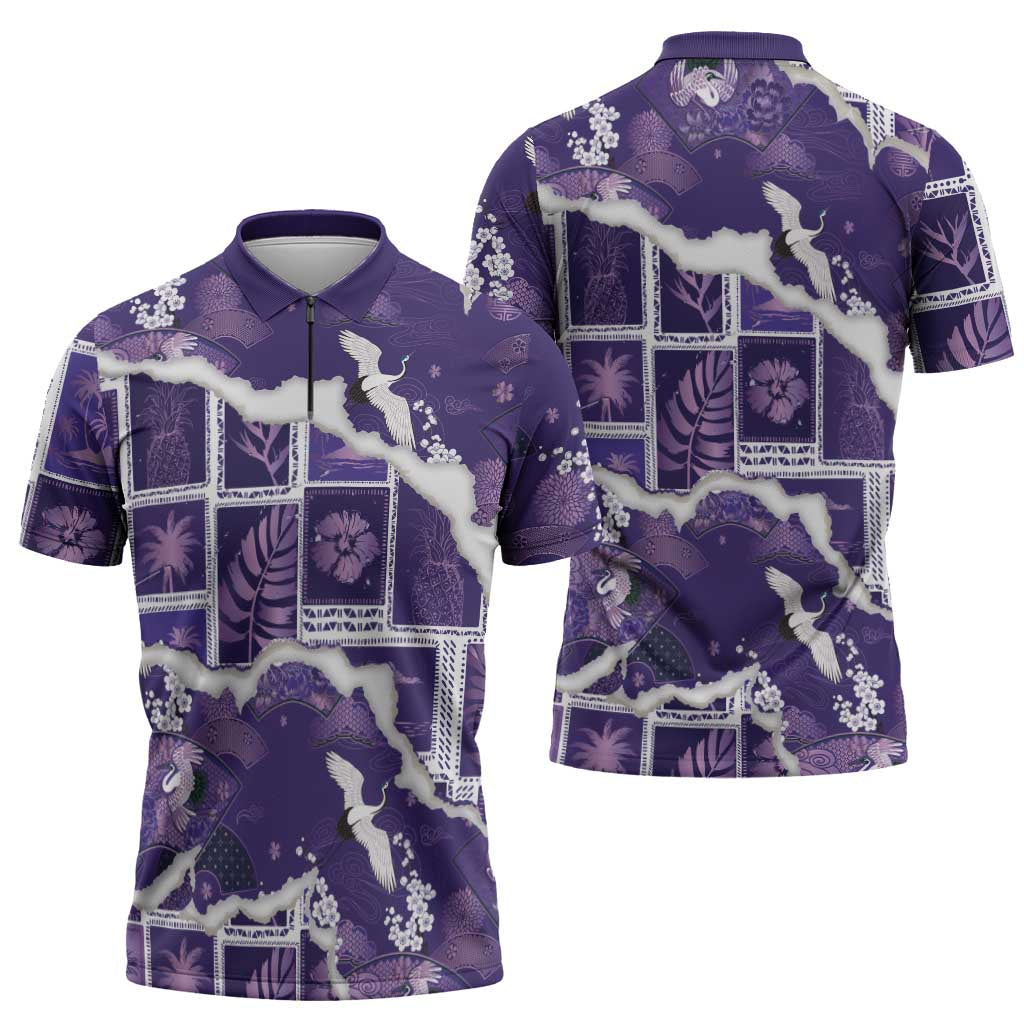 Hawaii Japanese Culture Purple Zipper Polo Shirt Spring Cranes Aloha Pattern