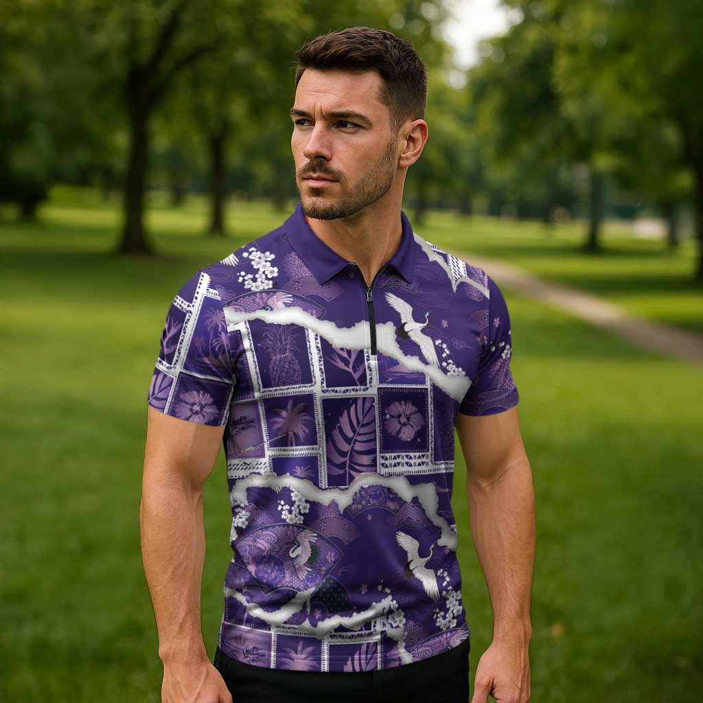 Hawaii Japanese Culture Purple Zipper Polo Shirt Spring Cranes Aloha Pattern