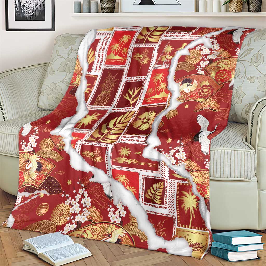 Hawaii Japanese Culture Red Blanket Spring Cranes Aloha Pattern