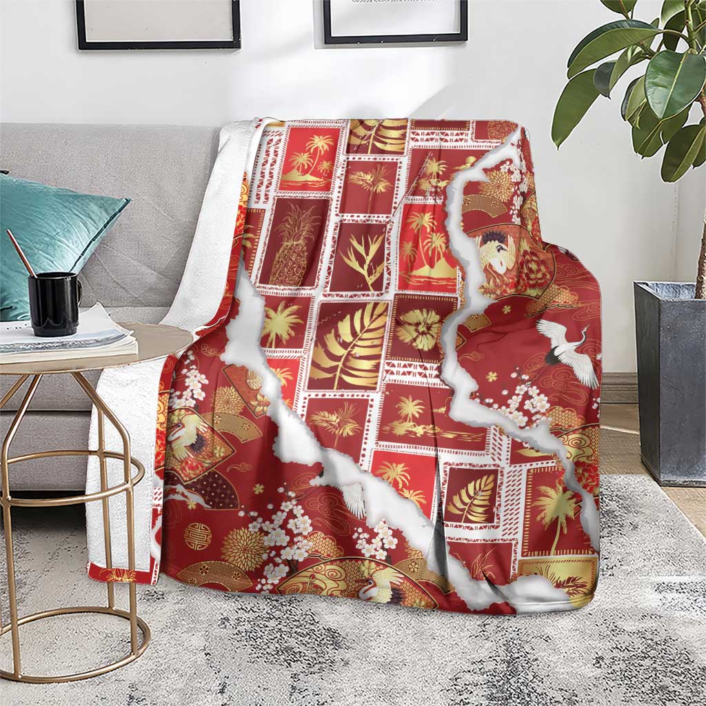 Hawaii Japanese Culture Red Blanket Spring Cranes Aloha Pattern
