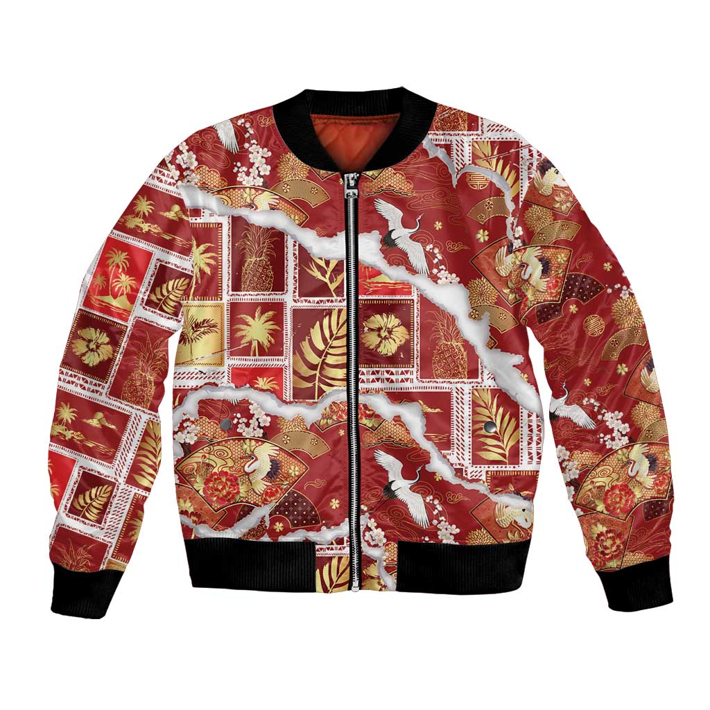 Hawaii Japanese Culture Red Bomber Jacket Spring Cranes Aloha Pattern
