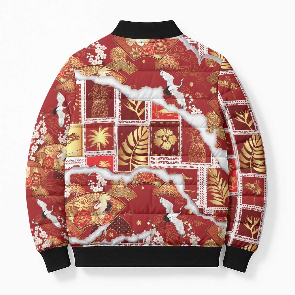 Hawaii Japanese Culture Red Bomber Puffer Jacket Spring Cranes Aloha Pattern