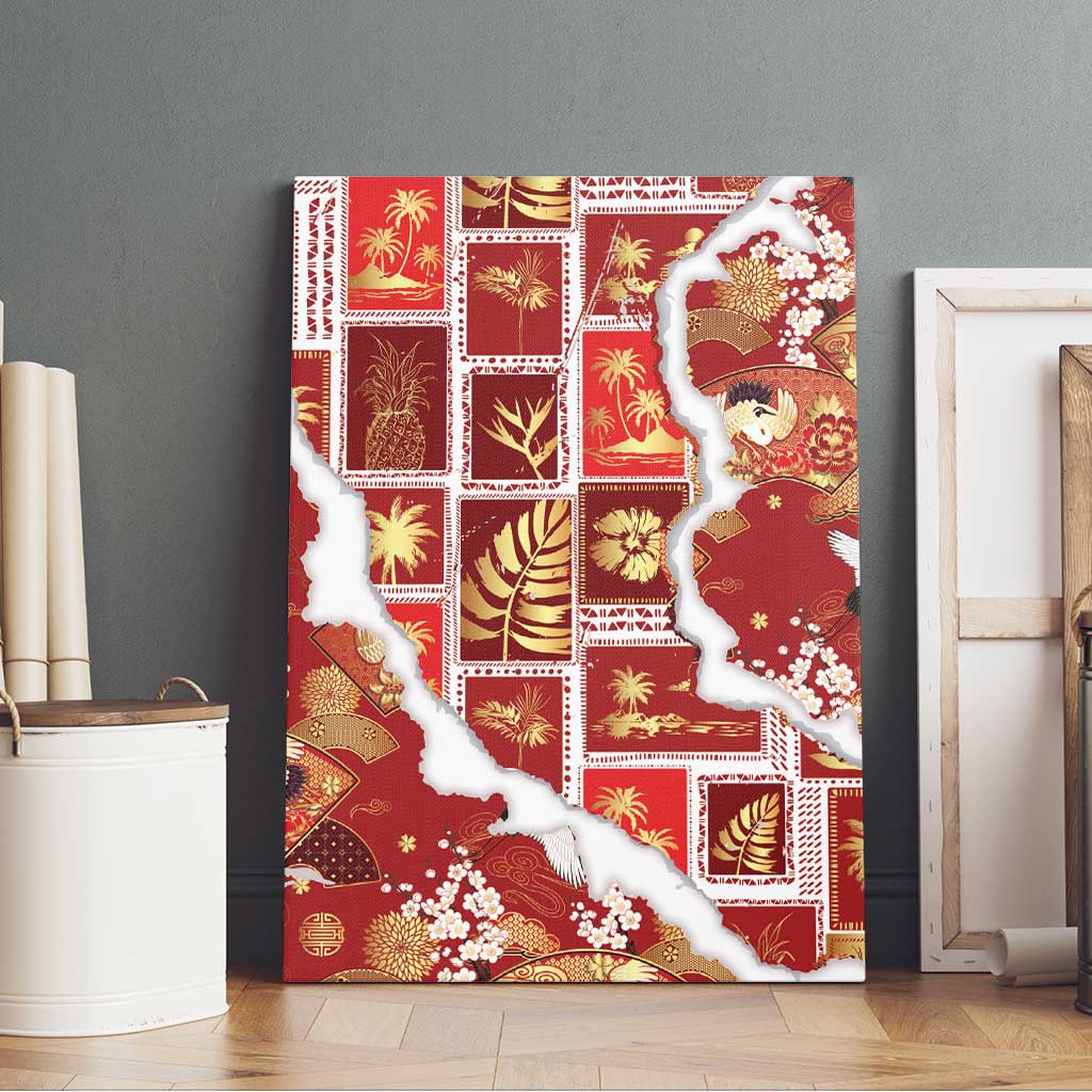 Hawaii Japanese Culture Red Canvas Wall Art Spring Cranes Aloha Pattern