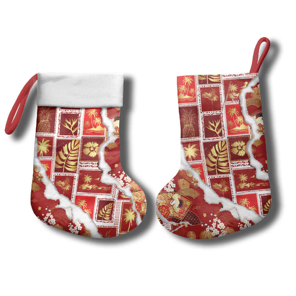 Hawaii Japanese Culture Red Christmas Stocking Spring Cranes Aloha Pattern LT01 - Polynesian Pride