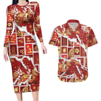Hawaii Japanese Culture Red Couples Matching Long Sleeve Bodycon Dress and Hawaiian Shirt Spring Cranes Aloha Pattern