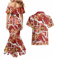 Hawaii Japanese Culture Red Couples Matching Mermaid Dress and Hawaiian Shirt Spring Cranes Aloha Pattern