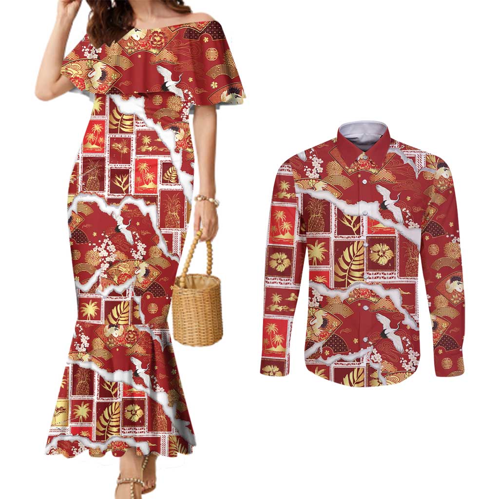 Hawaii Japanese Culture Red Couples Matching Mermaid Dress and Long Sleeve Button Shirt Spring Cranes Aloha Pattern