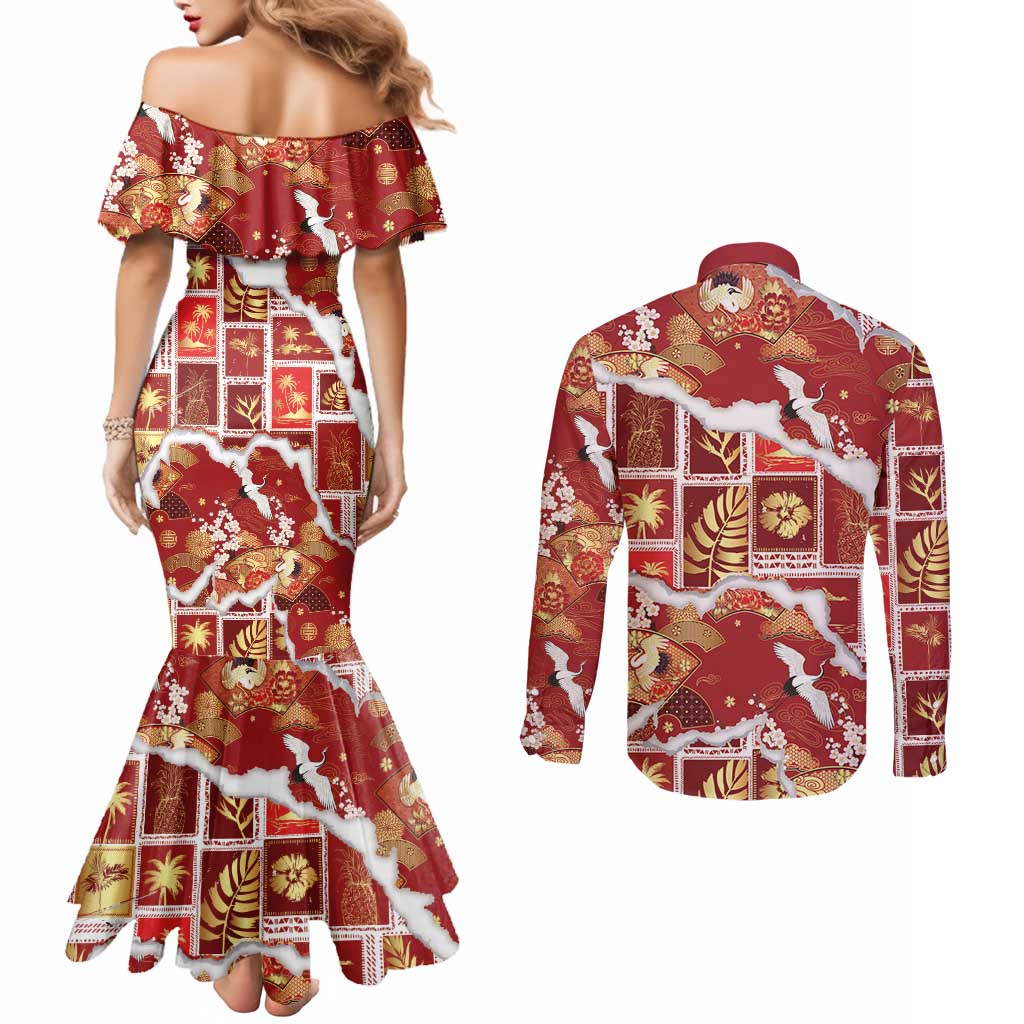 Hawaii Japanese Culture Red Couples Matching Mermaid Dress and Long Sleeve Button Shirt Spring Cranes Aloha Pattern