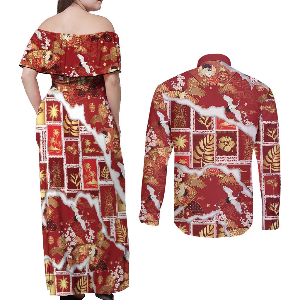 Hawaii Japanese Culture Red Couples Matching Off Shoulder Maxi Dress and Long Sleeve Button Shirt Spring Cranes Aloha Pattern