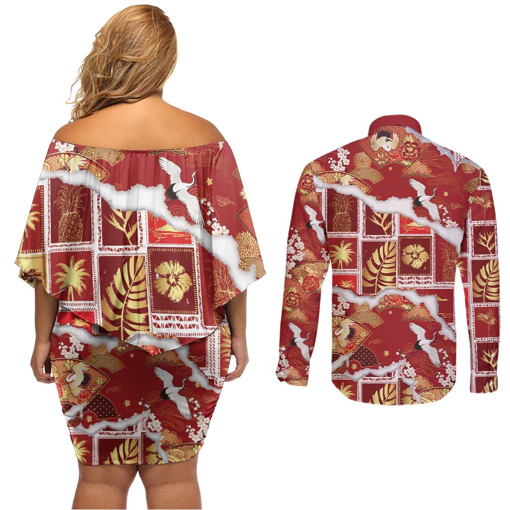 Hawaii Japanese Culture Red Couples Matching Off Shoulder Short Dress and Long Sleeve Button Shirt Spring Cranes Aloha Pattern