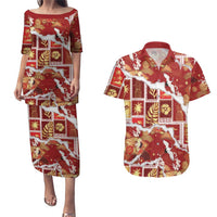 Hawaii Japanese Culture Red Couples Matching Puletasi and Hawaiian Shirt Spring Cranes Aloha Pattern