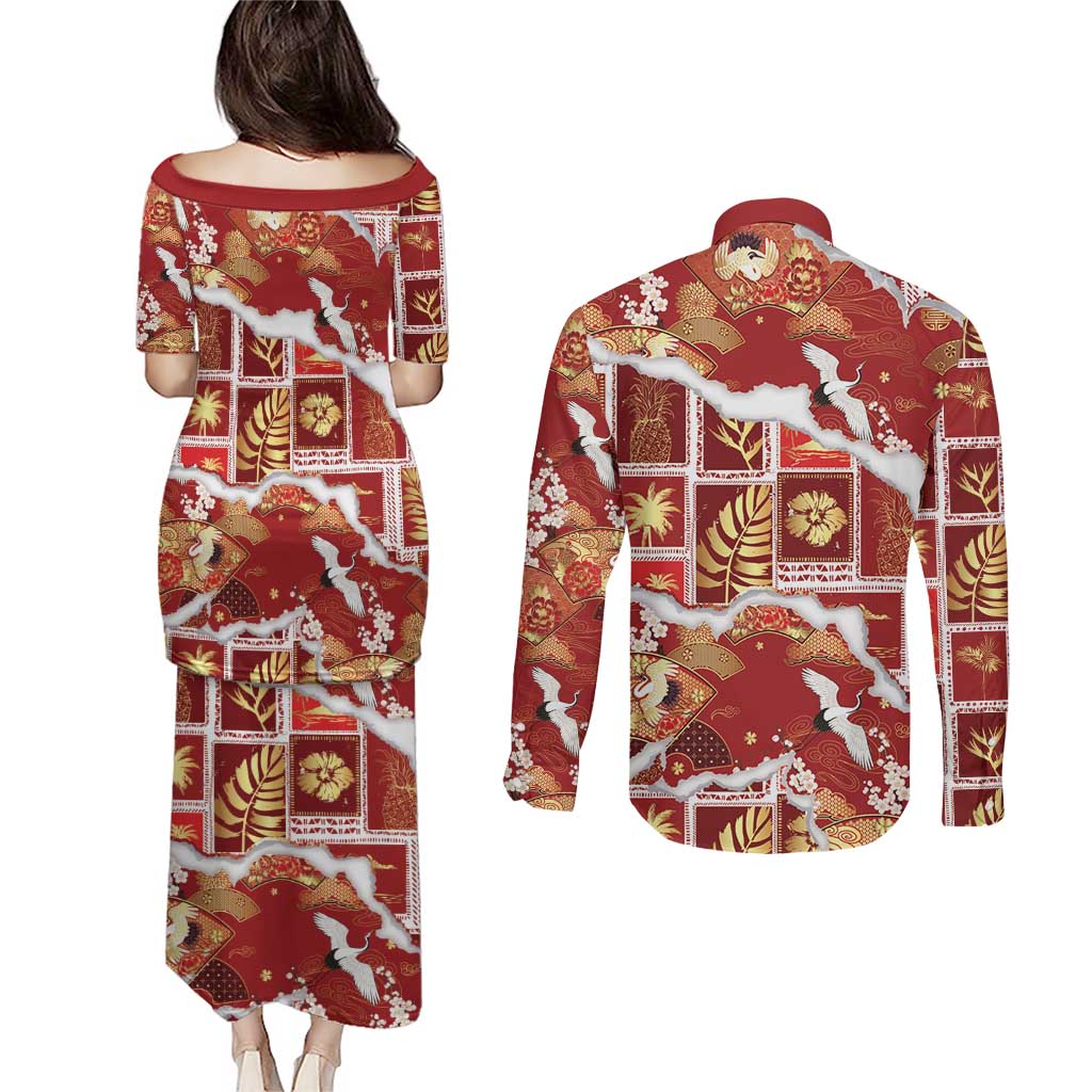 Hawaii Japanese Culture Red Couples Matching Puletasi and Long Sleeve Button Shirt Spring Cranes Aloha Pattern