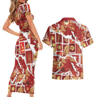 Hawaii Japanese Culture Red Couples Matching Short Sleeve Bodycon Dress and Hawaiian Shirt Spring Cranes Aloha Pattern
