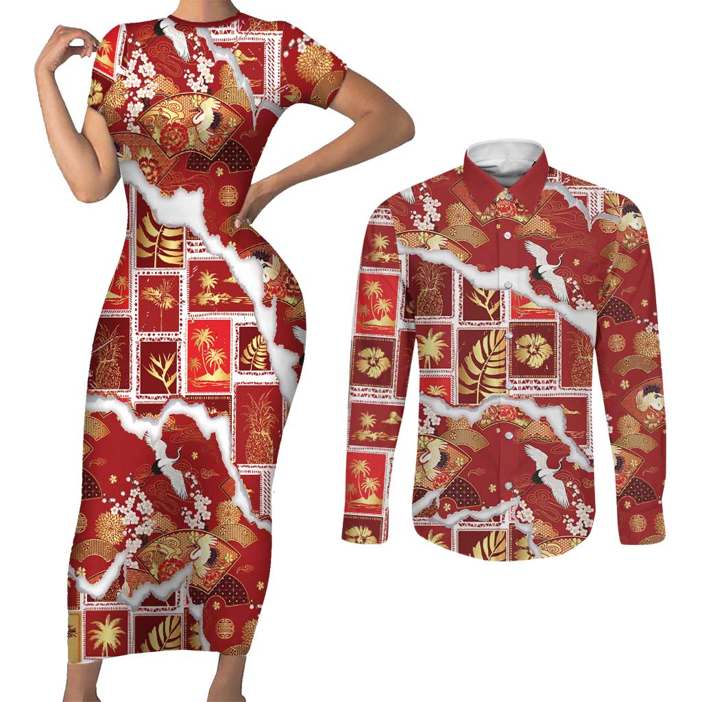 Hawaii Japanese Culture Red Couples Matching Short Sleeve Bodycon Dress and Long Sleeve Button Shirt Spring Cranes Aloha Pattern