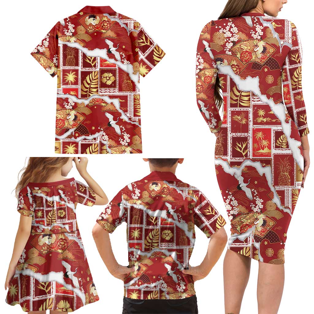 Hawaii Japanese Culture Red Family Matching Long Sleeve Bodycon Dress and Hawaiian Shirt Spring Cranes Aloha Pattern LT01 - Polynesian Pride