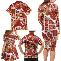 Hawaii Japanese Culture Red Family Matching Long Sleeve Bodycon Dress and Hawaiian Shirt Spring Cranes Aloha Pattern LT01 - Polynesian Pride