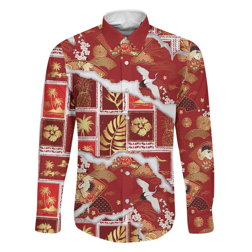 Hawaii Japanese Culture Red Family Matching Long Sleeve Bodycon Dress and Hawaiian Shirt Spring Cranes Aloha Pattern LT01 Dad's Shirt - Long Sleeve Red - Polynesian Pride