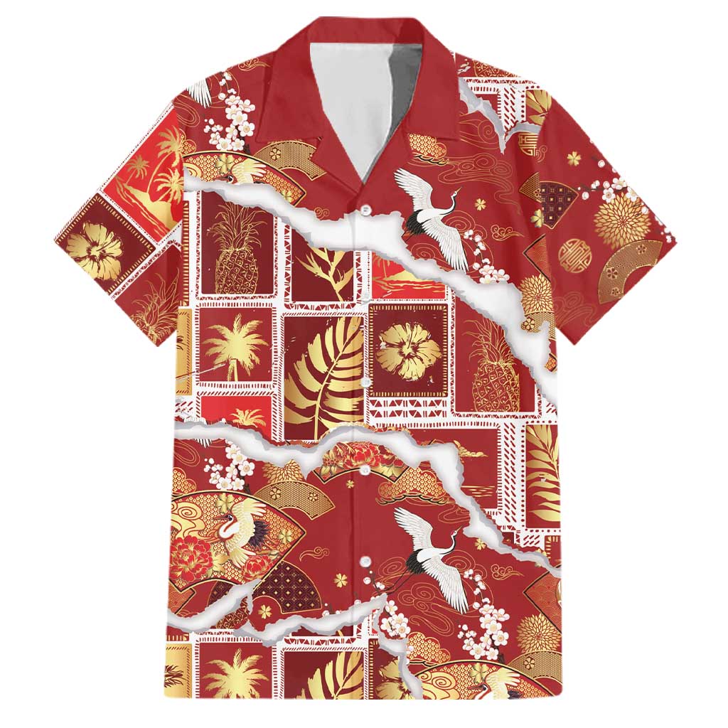 Hawaii Japanese Culture Red Family Matching Mermaid Dress and Hawaiian Shirt Spring Cranes Aloha Pattern LT01 Dad's Shirt - Short Sleeve Red - Polynesian Pride