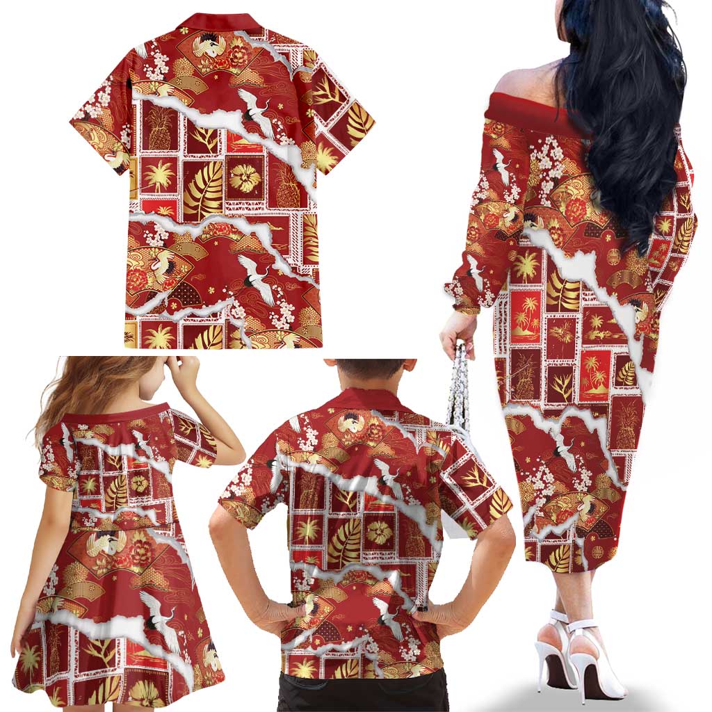 Hawaii Japanese Culture Red Family Matching Off The Shoulder Long Sleeve Dress and Hawaiian Shirt Spring Cranes Aloha Pattern LT01 - Polynesian Pride